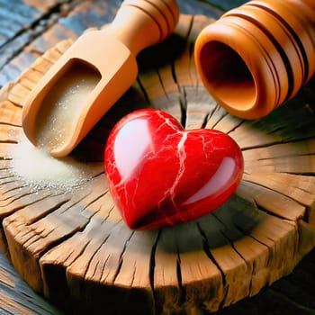 Shiny red heart on a rustic wooden table, romantic declaration of love for Valentine's Day. Romantic and warm atmosphere with vintage charm.