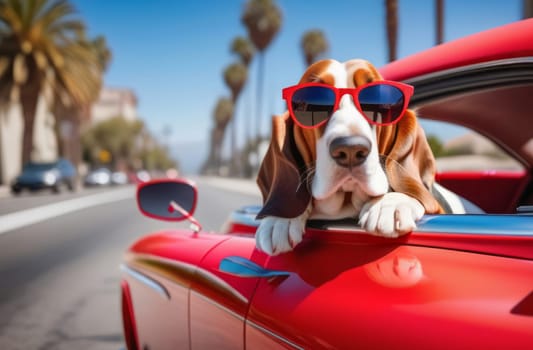 Basset hound in red glasses driving a car in the city