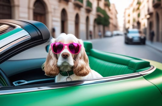 Cocker spaniel in pink glasses and green convertible driving a car in the city