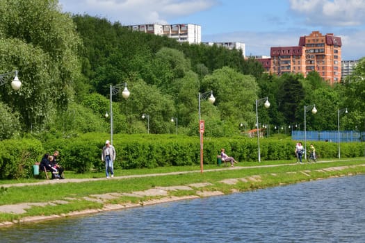 Moscow, Russia - June 12 2021. School lake in Zelenograd - place of rest