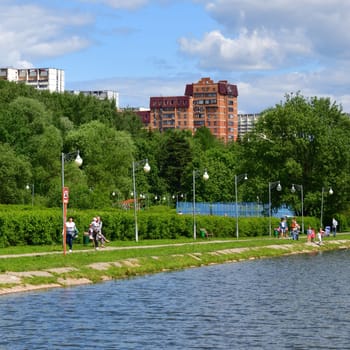 Moscow, Russia - June 12 2021. School lake in Zelenograd - place of rest