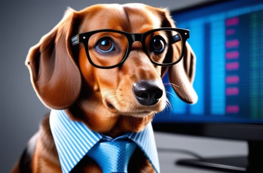 A dachshund, a small toy dog breed, with fawn fur and whiskers, wearing glasses and a tie, is sitting in front of a computer screen