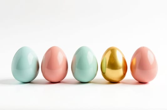 Five elegantly decorated Easter eggs in pastel shades with gold decor on a white background, a symbol of Easter and spring. AI generated.