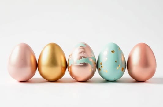 Five elegantly decorated Easter eggs in pastel shades with gold decor on a white background, a symbol of Easter and spring. AI generated.