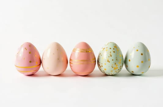 Five elegantly decorated Easter eggs in pastel shades with gold decor on a white background, a symbol of Easter and spring. AI generated.