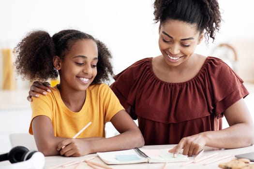 Creative black mother and daughter working on school project together, using modern laptop, taking notes, cheerful african american woman helping teen kid with homework, kitchen interior, copy space