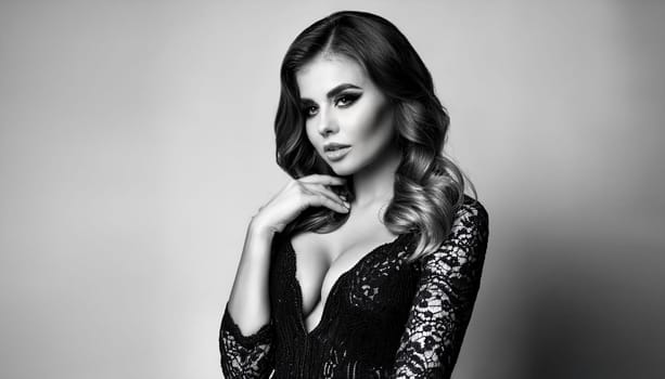 pretty young woman in black lace dress in black and white, AI generated image