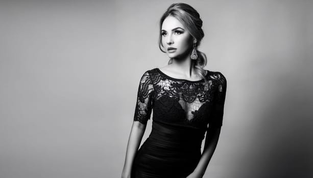 pretty young woman in black lace dress in black and white, AI generated image