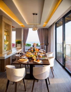 modern hotel breakfast room interior, AI generated image