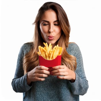 pretty young woman eating french fries, AI generated image