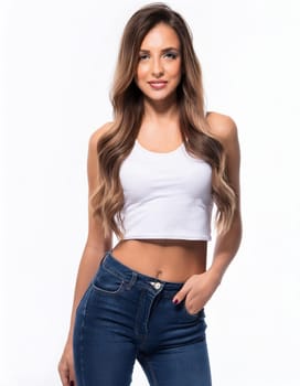 pretty young woman over white background, AI generated image
