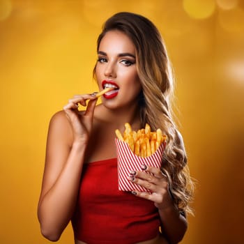pretty young woman eating french fries, AI generated image