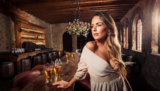 pretty young medieval woman in tavern, AI generated image