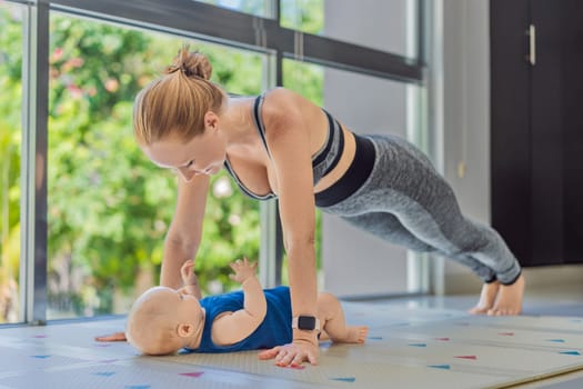 A mother works out with her 3-month-old baby, incorporating fitness and bonding into a joyful routine. A heartwarming moment of parenting, love, and a healthy lifestyle. Family, care, and active parenting concept.