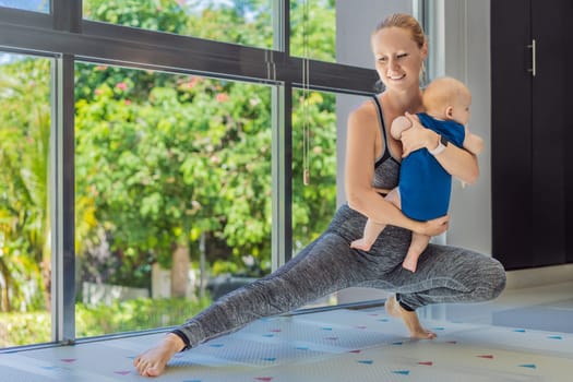 A mother works out with her 3-month-old baby, incorporating fitness and bonding into a joyful routine. A heartwarming moment of parenting, love, and a healthy lifestyle. Family, care, and active parenting concept.