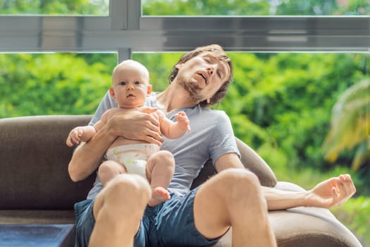An exhausted father falls asleep on the couch while holding his 3-month-old baby in his arms. A tender and heartwarming moment showcasing love, caregiving, and the challenges of parenthood. Family and bonding concept.