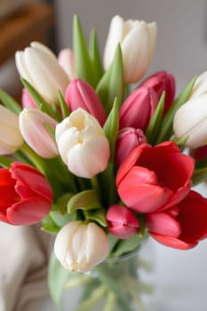 tulip bouquet flowers nature spring flora red white green plants biology botanical garden generated ai alt. High quality 3d illustration