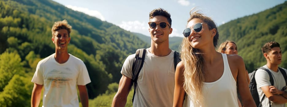 A group of five friends walks along a mountain trail, smiling and laughing while enjoying the fresh air and beautiful scenery - Generative AI