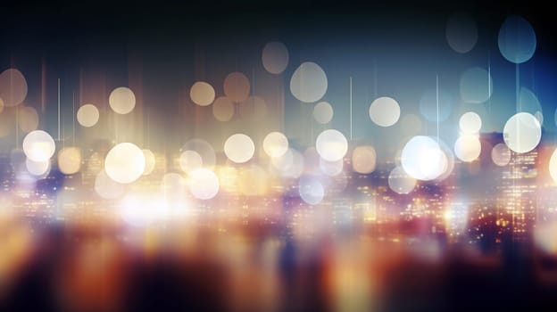 Bright city lights create a dreamy atmosphere against a blurred skyline, showcasing a lively urban night with soft bokeh effects.