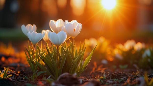 Beautiful white crocus flowers blossom in a serene garden as the sun sets, casting a warm golden glow on the landscape - Generative AI