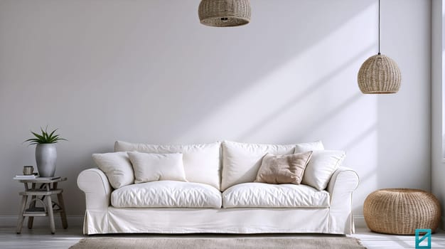 A bright living space showcases a white sofa adorned with cushions, complemented by woven pendant lights and potted plants, creating a peaceful scandinavian setting - Generative AI