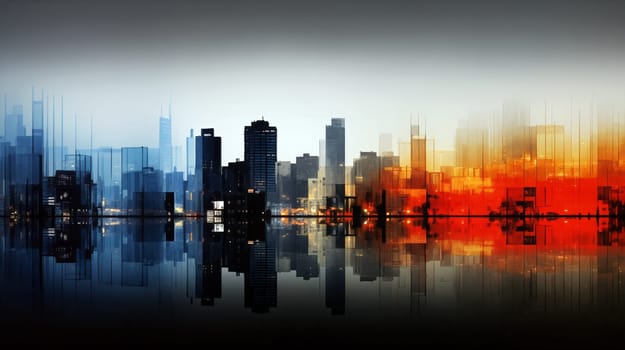 A vivid city skyline transitions from cool blue to warm orange as twilight sets in. Reflections shimmer on the water, capturing the city's dynamic essence - Generative AI