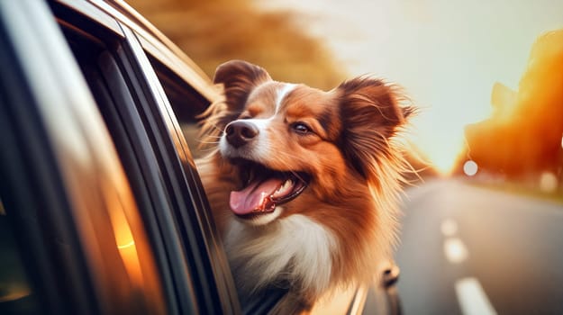 A happy dog with a fluffy coat leans out of a car window, enjoying the breeze during a sunset drive on a scenic road - Generative AI