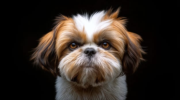 A Shih Tzu dog with unique fur and expressive eyes poses in a serene manner, showcasing its cute features and playful spirit - Generative AI