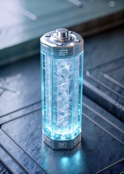 A striking diamond battery radiates a blue hue, positioned on a sleek countertop in a high-tech environment, showcasing advanced design elements - Generative AI