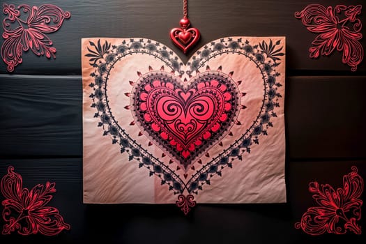 Elegant heart with baroque patterns in red and black on a dark background. A decorative symbol of love and romance, ideal for Valentine's Day