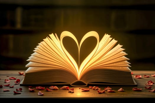 An open book with pages folded into a heart, illuminated by warm golden light and surrounded by rose petals. A symbol of love, knowledge, and romance, perfect for Valentine's Day themes