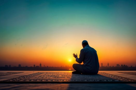 Devoted Muslim prays at sunrise during Ramadan, embracing faith and serenity. The golden light enhances the peaceful moment on an intricately designed prayer mat, symbolizing devotion and reflection.