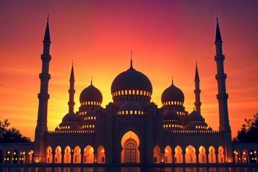 A grand mosque with towering minarets silhouetted against a vibrant sunset, glowing with warm light. A serene and spiritual scene symbolizing faith and devotion in Islam.