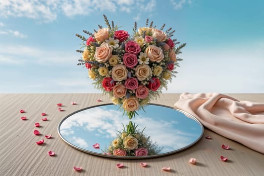 A heart-shaped bouquet of roses and lavender floats above a mirror reflecting the sky, creating a dreamy and romantic scene.