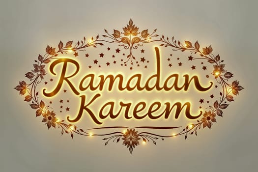 A beautifully designed Ramadan Kareem calligraphy with a warm golden glow, surrounded by intricate floral patterns. A perfect symbol of celebration and spirituality.