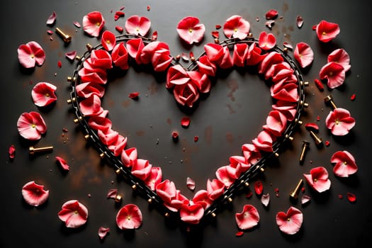 A symbolic heart made of rose petals intertwined with a metal chain, surrounded by scattered petals and golden bolts on a dark background. A contrast between love, fragility, and strength.