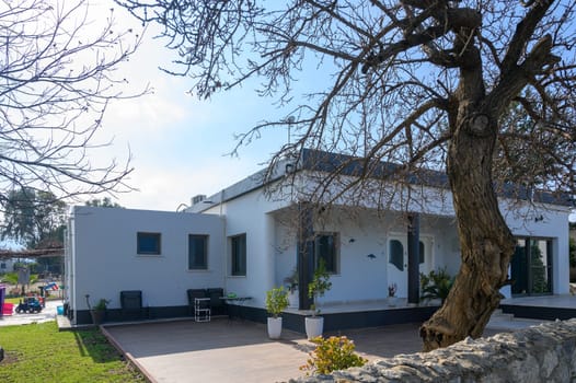 Sunshine bathes a modern home in a serene garden, creating a calming atmosphere.