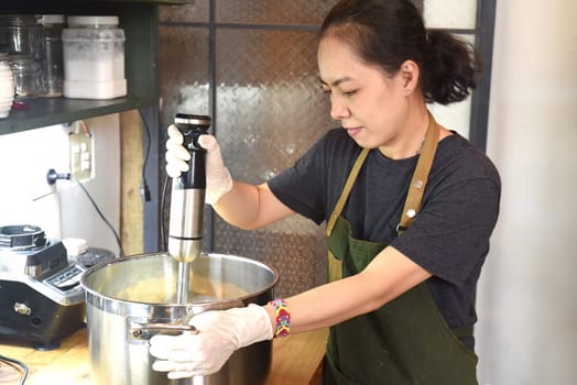 Young vietnamese woman stirs the avocado ice cream base