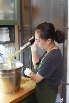Young vietnamese woman stirs the avocado ice cream base