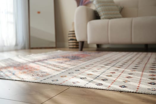 A cozy living room featuring a colorful rug and soft morning light.