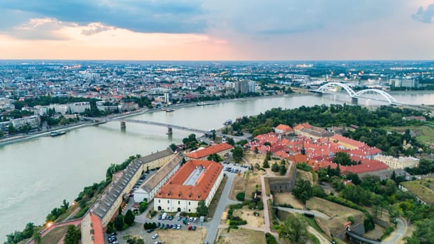 Aerial panoramic view of Petrovaradin fortress and Danube river in Novi Sad Serbia at sunset