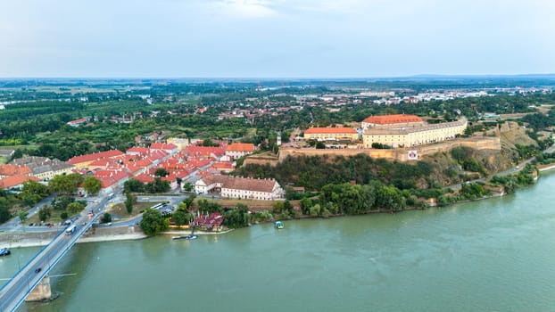 Aerial view of Petrovaradin fortress on Danube river in Novi Sad Serbia with historic architecture