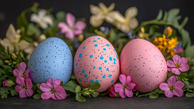 Easter eggs with blue and pink specks among spring flowers. Colorful composition for a festive Easter mood. AI generated.