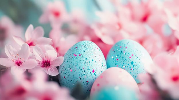 Easter eggs with blue and pink specks among spring flowers. Colorful composition for a festive Easter mood. AI generated.