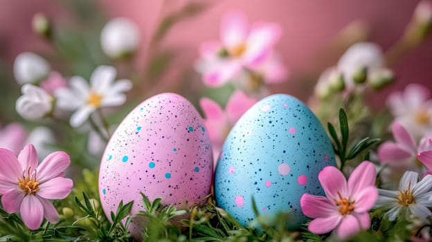Easter eggs with blue and pink specks among spring flowers. Colorful composition for a festive Easter mood. AI generated.