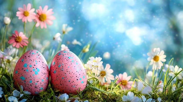 Easter eggs with blue and pink specks among spring flowers. Colorful composition for a festive Easter mood. AI generated.