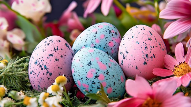 Easter eggs with blue and pink specks among spring flowers. Colorful composition for a festive Easter mood. AI generated.