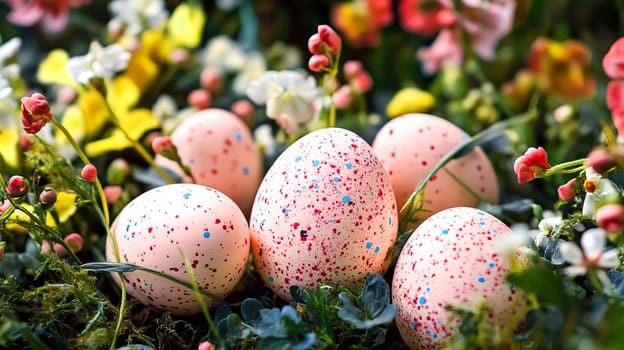 Easter eggs with blue and pink specks among spring flowers. Colorful composition for a festive Easter mood. AI generated.
