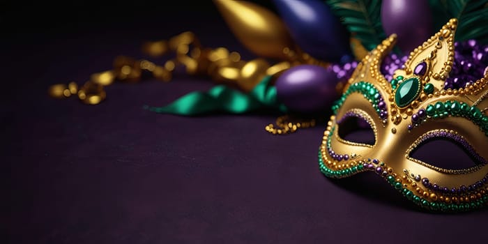 Golden carnival mask with purple feathers and beads on dark background