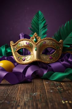 Golden carnival mask with purple feathers and beads on dark background